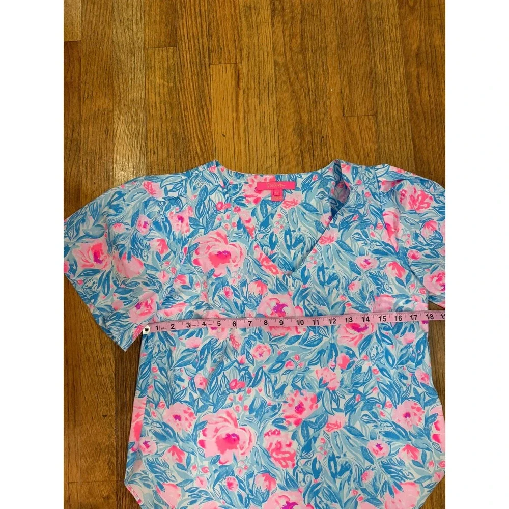 Lilly Pulitzer Ivee Top XS Bondi Blue My Little Peony Cotton Puff Sleeve V-Neck